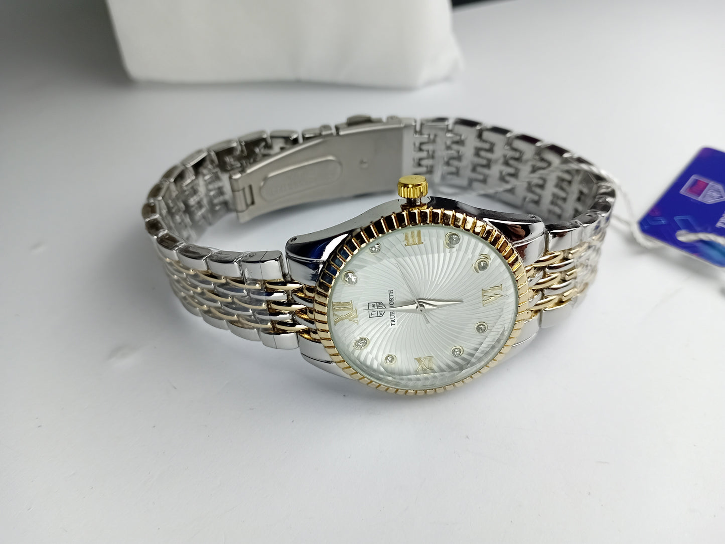 True Worth Women’s Luxury Two-Tone Watch – White Dial with Crystal Markers