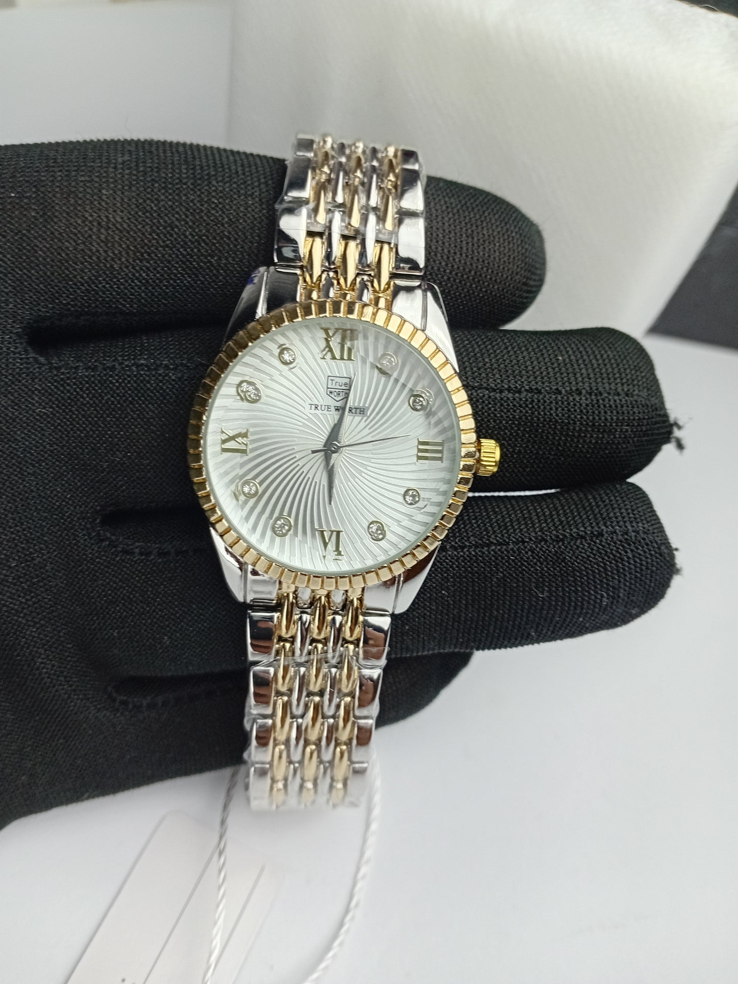 True Worth Women’s Luxury Two-Tone Watch – White Dial with Crystal Markers