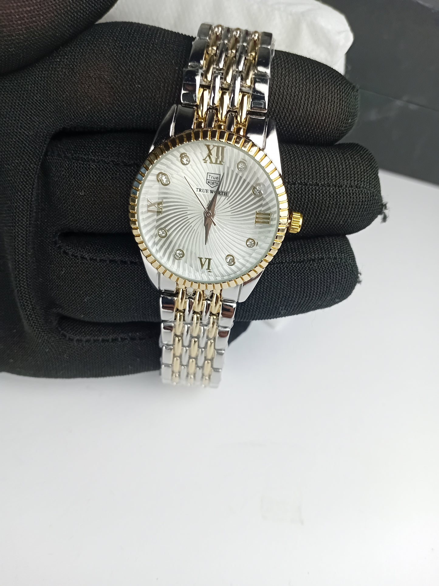 True Worth Women’s Luxury Two-Tone Watch – White Dial with Crystal Markers