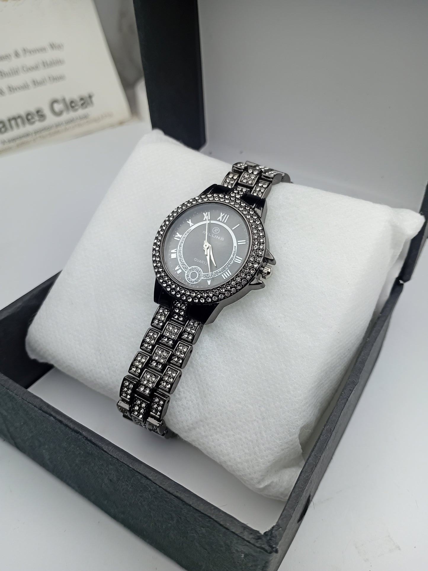 Riluns Luxury Women’s Crystal Stainless Steel Watch – Black Dial