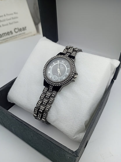 Riluns Luxury Women’s Crystal Stainless Steel Watch – Black Dial