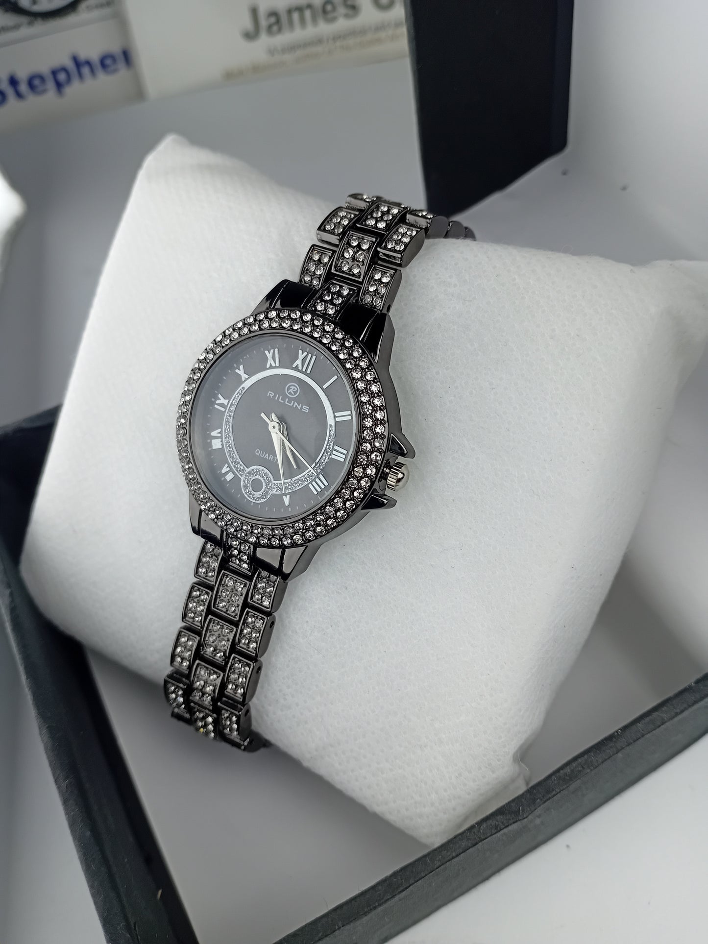 Riluns Luxury Women’s Crystal Stainless Steel Watch – Black Dial