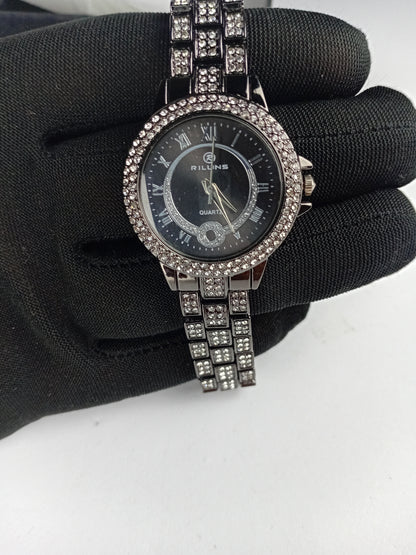 Riluns Luxury Women’s Crystal Stainless Steel Watch – Black Dial