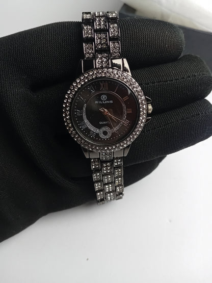 Riluns Luxury Women’s Crystal Stainless Steel Watch – Black Dial