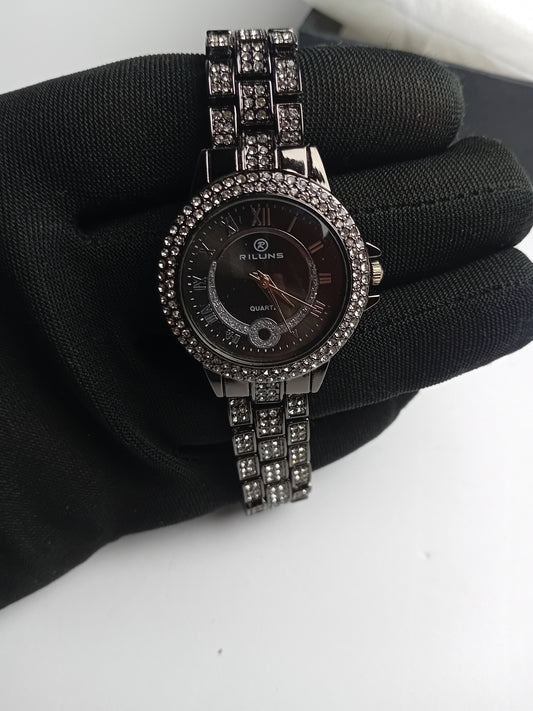 Riluns Luxury Women’s Crystal Stainless Steel Watch – Black Dial