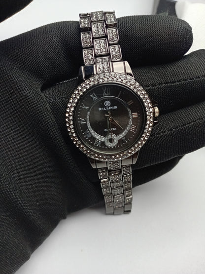 Riluns Luxury Women’s Crystal Stainless Steel Watch – Black Dial