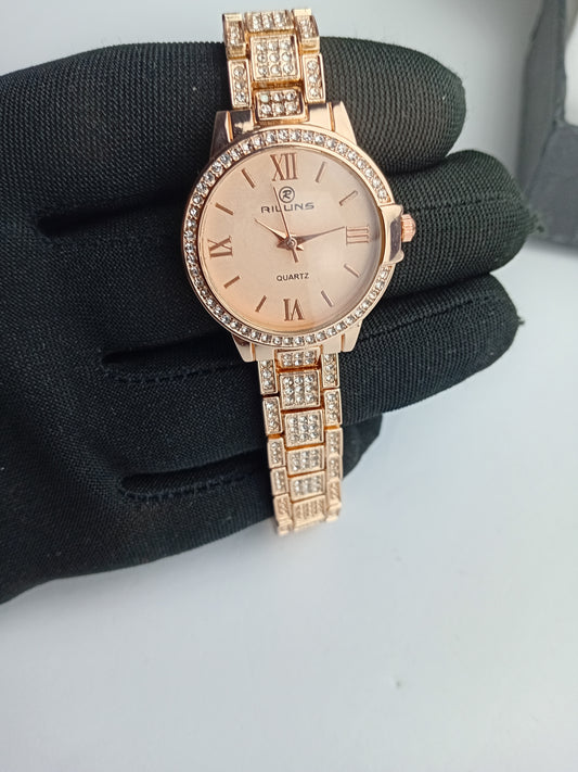 Riluns Luxury Women’s Crystal Stainless Steel Watch – Pink Dial