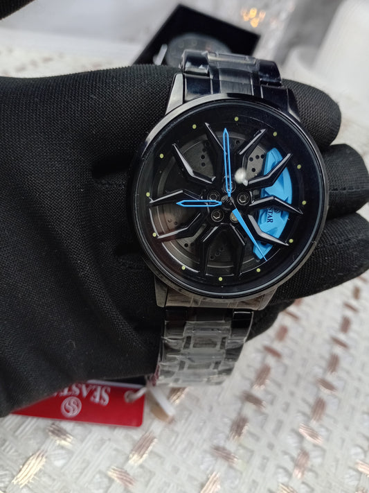 Men’s Alloy Rim Sports Watch – Unique Car Wheel Design, Luxury Stainless Steel Strap