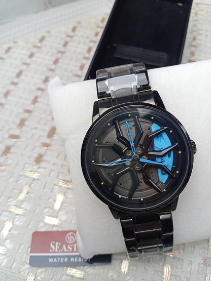 Men’s Alloy Rim Sports Watch – Unique Car Wheel Design, Luxury Stainless Steel Strap
