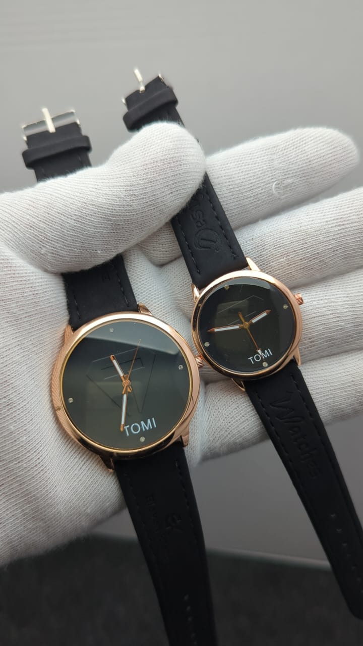 TOMI Couple’s Watch Set – Leather Strap in Black, White & Brown