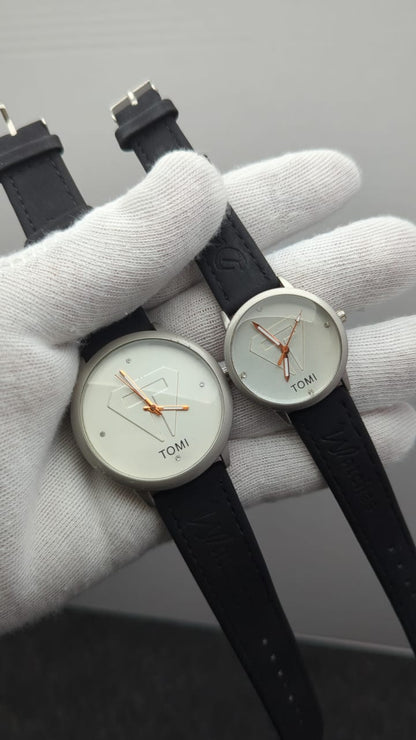 TOMI Couple’s Watch Set – Leather Strap in Black, White & Brown