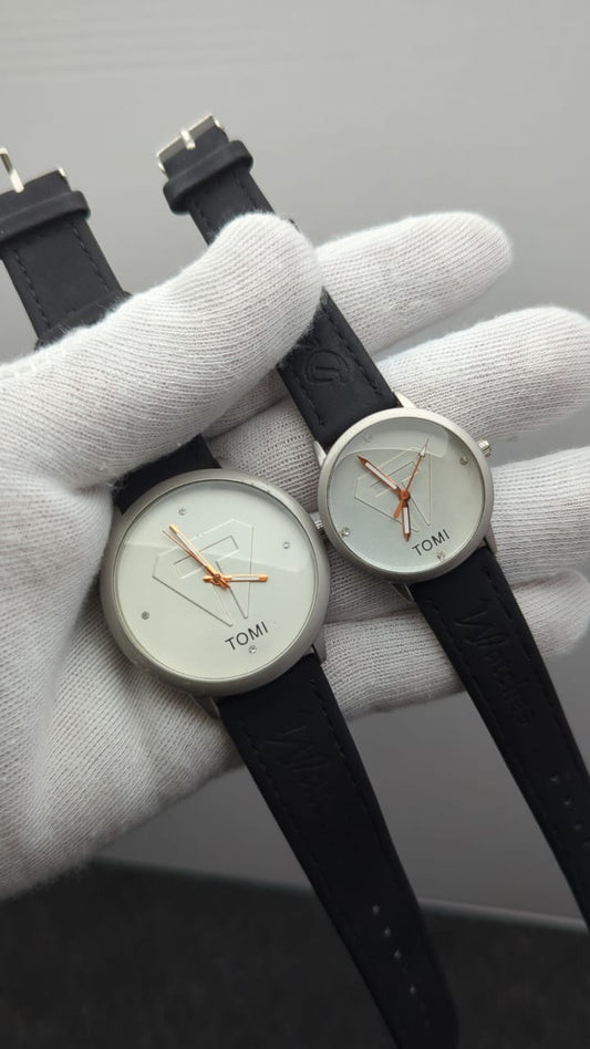 TOMI Couple’s Watch Set – Leather Strap in Black, White & Brown