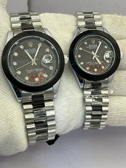 Luxury AAA Rolex-Inspired Couple Watch Set – Stainless Steel with Diamond Markers