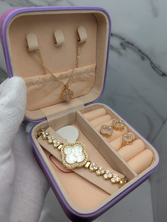 Luxury Women's Watch & Jewelry Gift Set – 4-Piece Floral Design (Necklace, Ring, Earrings & Watch)
