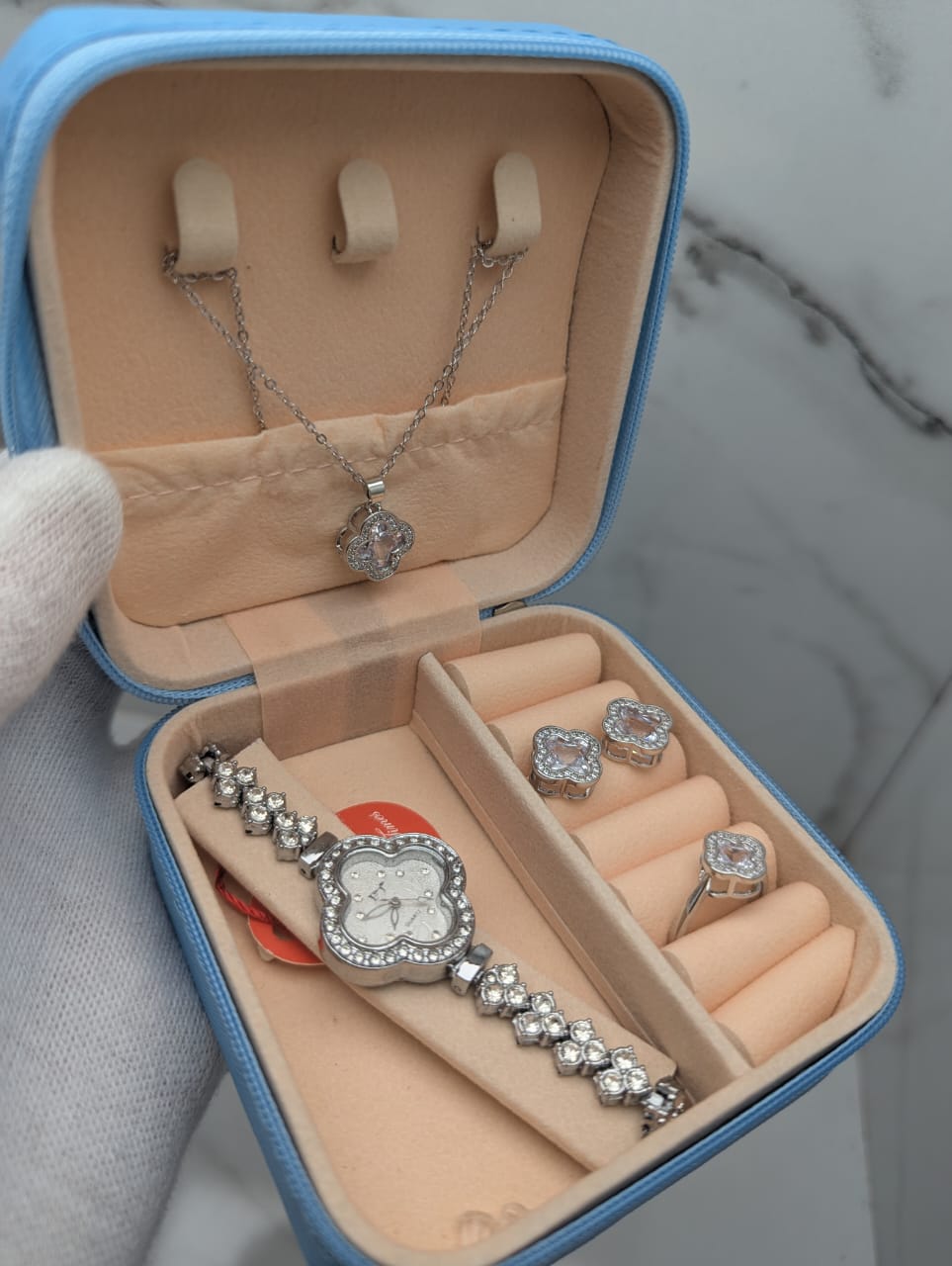 Luxury Women's Watch & Jewelry Gift Set – 4-Piece Floral Design (Necklace, Ring, Earrings & Watch)