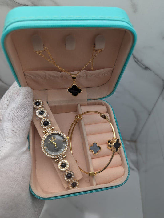 Trendy Clover Design 4-in-1 Women's Watch & Jewelry Gift Set – Multiple Colors