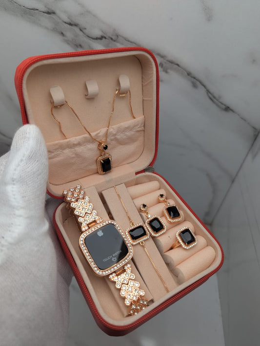 Touch-Style Fashion Watch & Jewelry 5-in-1 Gift Set – Rose Gold Black Edition