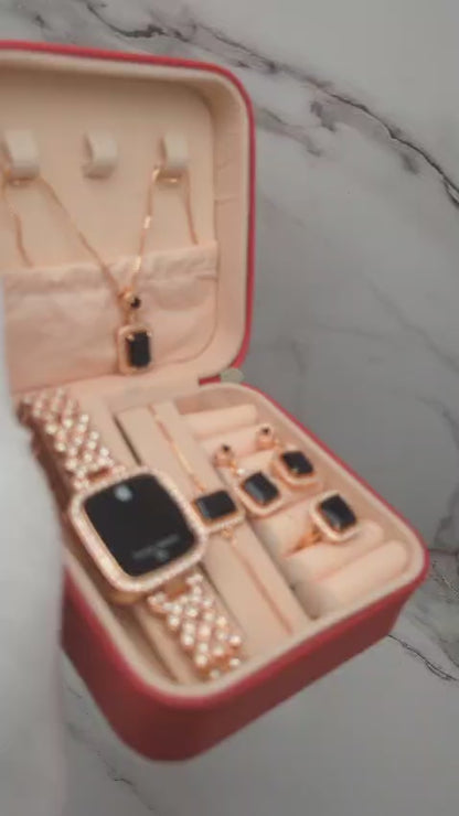 Touch-Style Fashion Watch & Jewelry 5-in-1 Gift Set – Rose Gold Black Edition