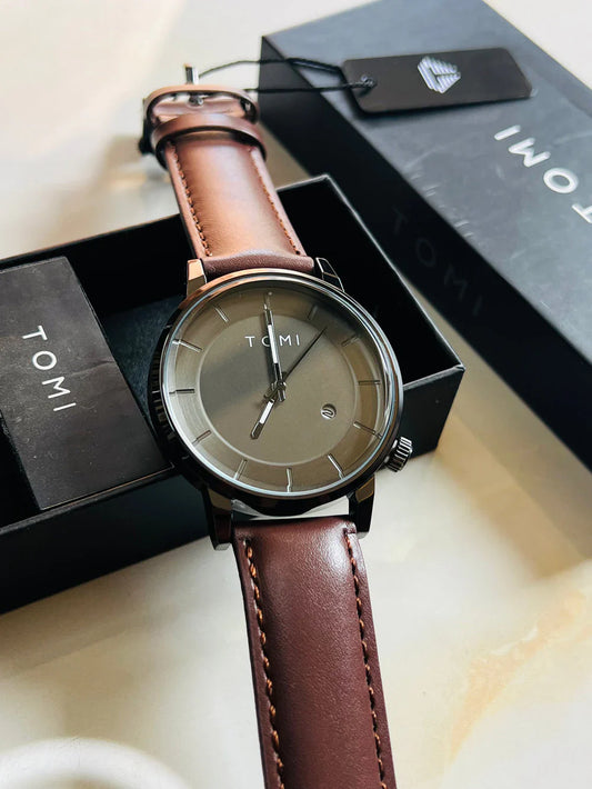 TOMI T-101 Casual Men’s Watch – Date Quartz, Brown Silver Dial